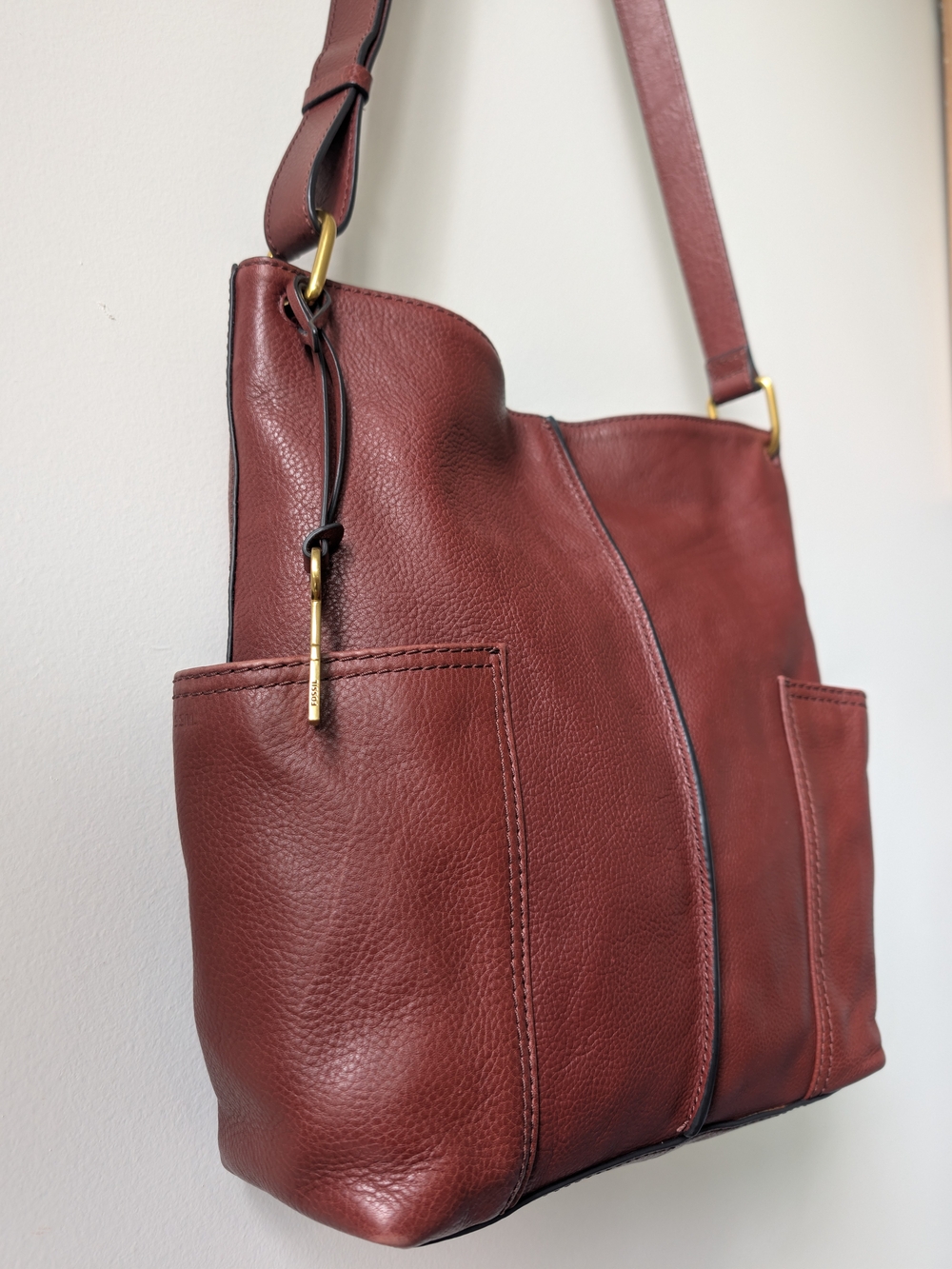 Fossil Burgundy Leather Shoulder Tote Bag Gold Hardware Key Charm